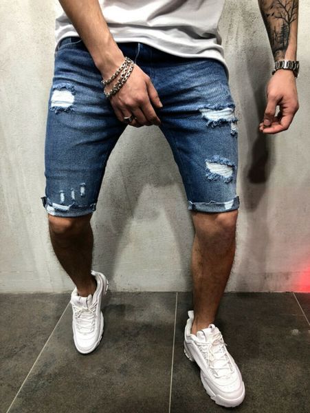 

new 2021 summer hole denim jeans hip-hop slender shorts light blue plus size s-3xl