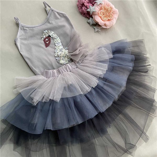 Crianças Swan High Low Tutu Saia e colete 2 pcs roupas primavera meninas elegantes lantejoulas roupas de verão roupas 210529