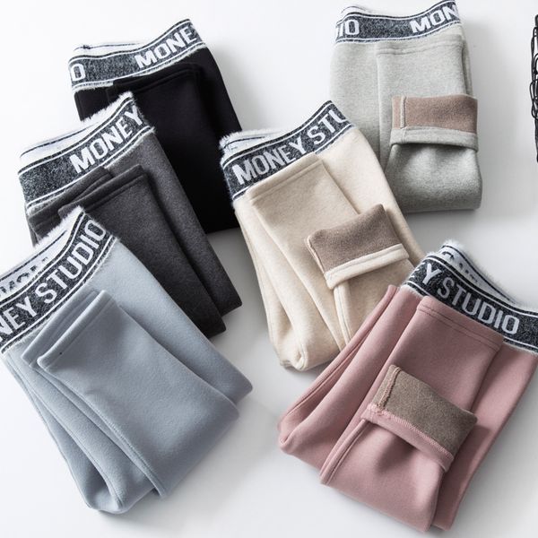 

autumn and winter new pure cotton bottoming letter high waist elastic tight plush thickened rabbit velvet warm pants show thin yiwu, Black