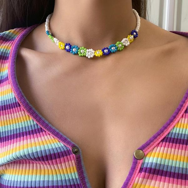 

chokers boho trendy bead strand beaded choker necklace for women bohemian colorful handmade short daisy pearl collar jewelry, Golden;silver