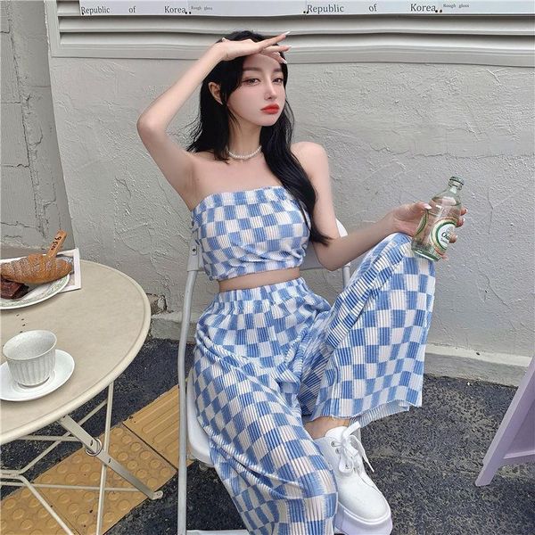 

women's pants & capris sweet and spicy fried street high-waist plaid wide-leg suit women summer 2021 outer wear tube vest casual trouse, Black;white
