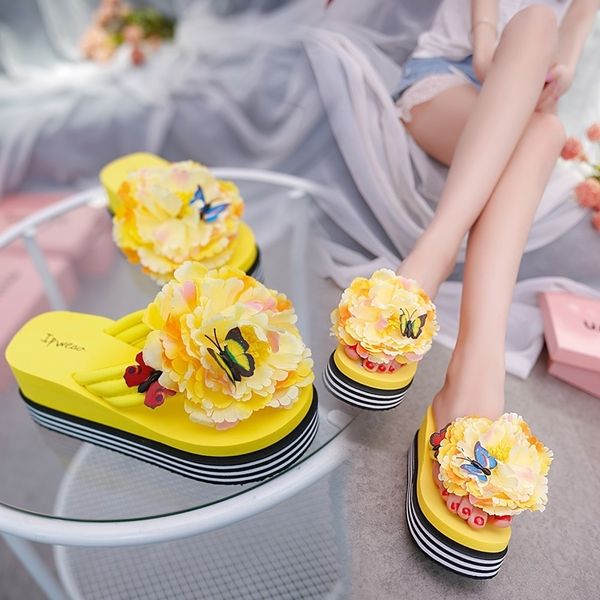 

women sandals flowers slippers summer flip flops slippers womans platform shoes dames slide wedge heel thick beach 210226, Black