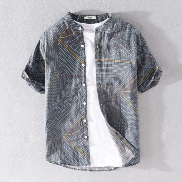 

2021 new summer pure linen short sleeve brand shirts fashion casual for men comfortable stand collar shirt mens overhemd rch2, White;black