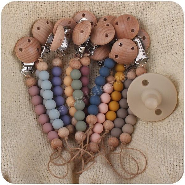 

12 colors beech wooden silicone bead pacifier holders newborn pacifier chains clips baby teething soother kids chew toys
