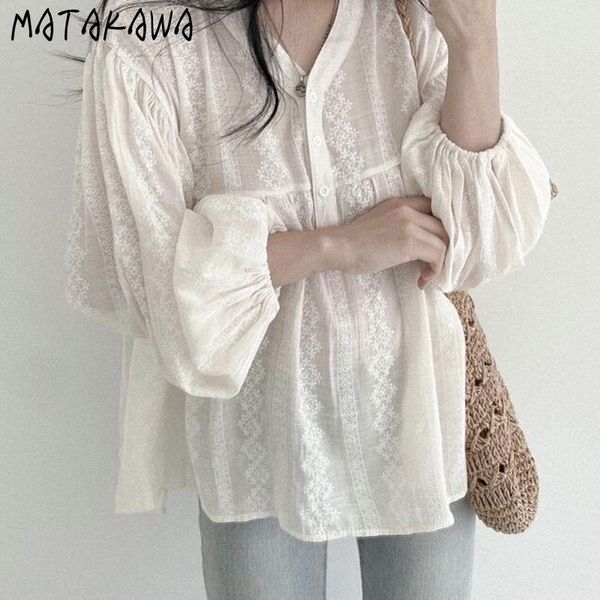 

women's blouses & shirts matakawa korean sweet v neck blouse women 2021 autumn embroidery crochet design loose chiffon shirt puff sleev, White