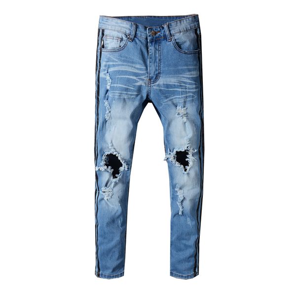 

2021 european and american street jeans men's tide ripped big holes scratched beggar denim pants stretch male trousers 5312 i0br, Blue
