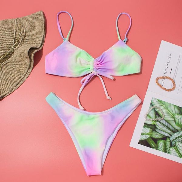 

2021 bikinis swimsuit women swimwear push up bikini set rainbow print female high waist swimming suits for bathing suit