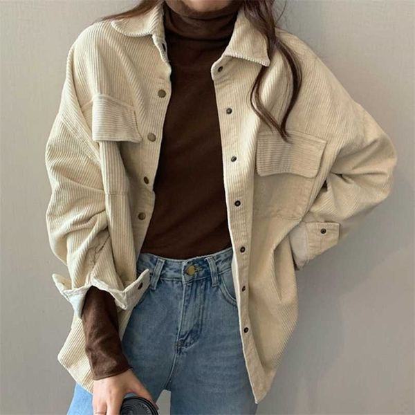 

spring women solid corduroy shirts jackets full sleeve turn-down collar oversize coats casual autumn basic outwear t0o901f 211025, Black;brown
