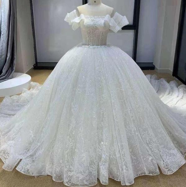 

2021 princess ball gown wedding dresses off the shoulder full lace ruffles sequined corset back court train bridal gowns marriage dress, White