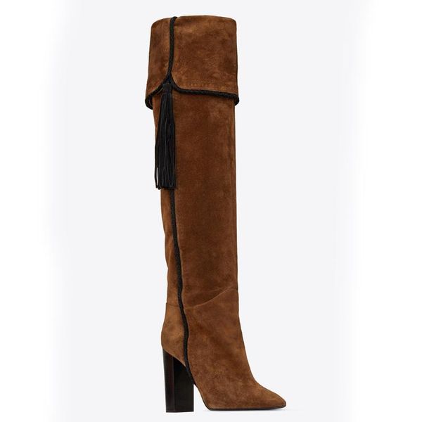 

boots winter women fashion brown tassel square heel high heels over-the-knee genuine leather fringe modern shoes, Black