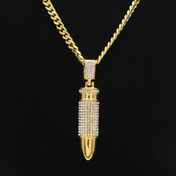 

pendant necklaces men's iced out gun stainless steel bling crystal stone charm long cuban chain for women hip hop jewelry, Silver