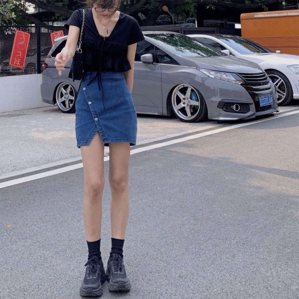 

long leg spice girl high waist a-line denim skirt for women, Black