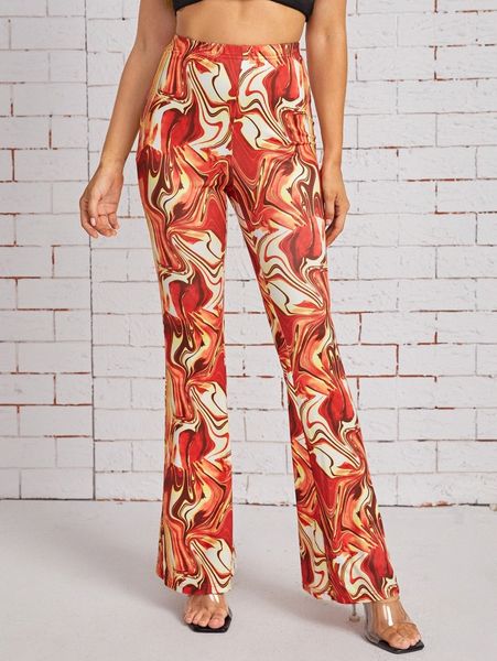 

high waist marble print flare leg pants 17ag#, Black;white