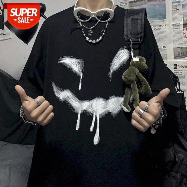 

smile print kpop tshirt harajuku shirts womens clothes oversized t shirt 2020 summer dark casual loose o-neck couple tees #wq0q, White