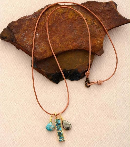 

pendant necklaces natural stone pyrite turquoises charm necklace women fashion leather jewelry, Silver