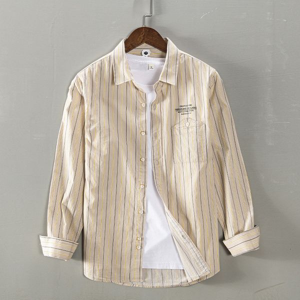 

2021 new 100% cotton unique pocket long sleeve striped brand shirt casual fashion khaki shirts men clothes camisa chemise qjyf, White;black