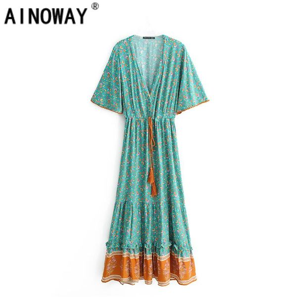 

party dresses vintage chic fashion women floral print v-neck rayon beach bohemian maxi dress ladies v neck tassel summer boho, White;black