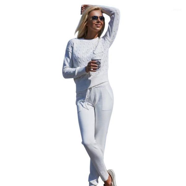 

women sweater suit casual knitted sweaters pants 2 piece set female tracksuits two dress, White
