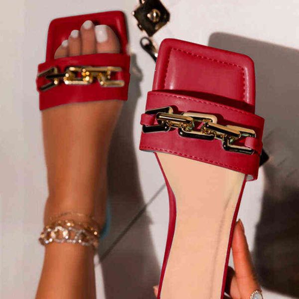 

slippers zapatillas punta cuadrada para mujer chanclas planas con coracin metal a zapatos verano de talla grande 220307, Black