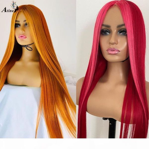 

pre plucked ombre pink yellow colored human hair wig bleach knots straight natural hairline hd transparent lace wig 180 density, Black;brown