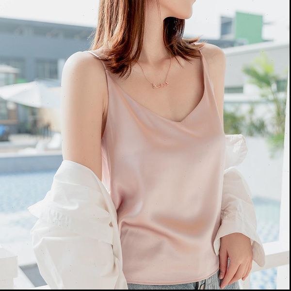 

korean silk women woman v neck satin blouses woman sleeveless silk solid plus size blusas mujer de moda 2021, White