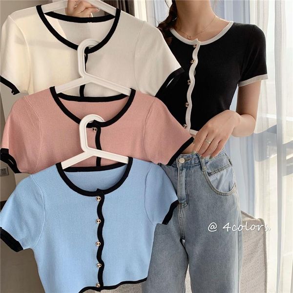 

women's t-shirt zogaa women patched o-neck knitted short sleeve cropped slim sweaters cardigans lady single-breasted sweater crop fema, White