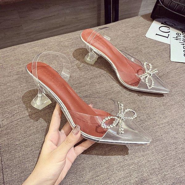 

slippers clear transparent mules summer female slides pointed toe spike high heels women shoes woman crystal ladies, Black