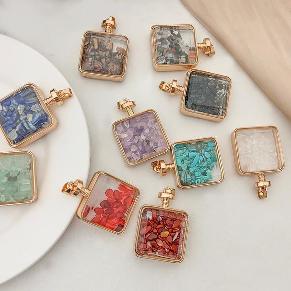 

pendant necklaces square wishing bottle necklace pendulum natural crystal crushed stone craft with black leather chain jewelry accessories, Silver
