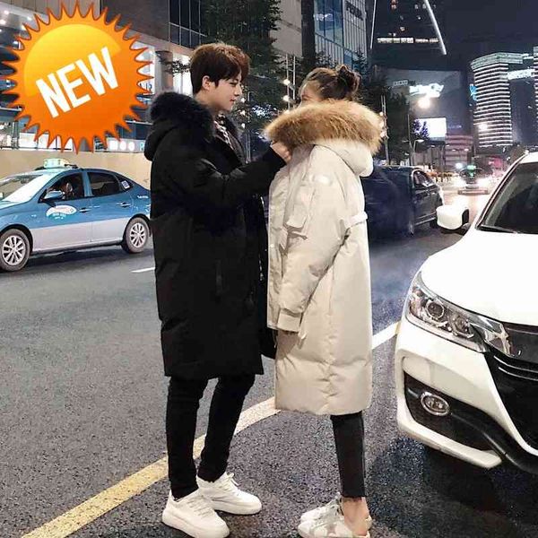 

off-season clearance down jacket men 2021 winter new thick mid-length couples over the knee all-match trend high-end coat casual, Black