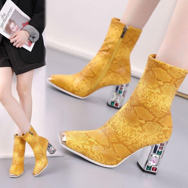 

boots european and american autumn winter metal square head snake print thick heel short women's shoes large size34-43, Black