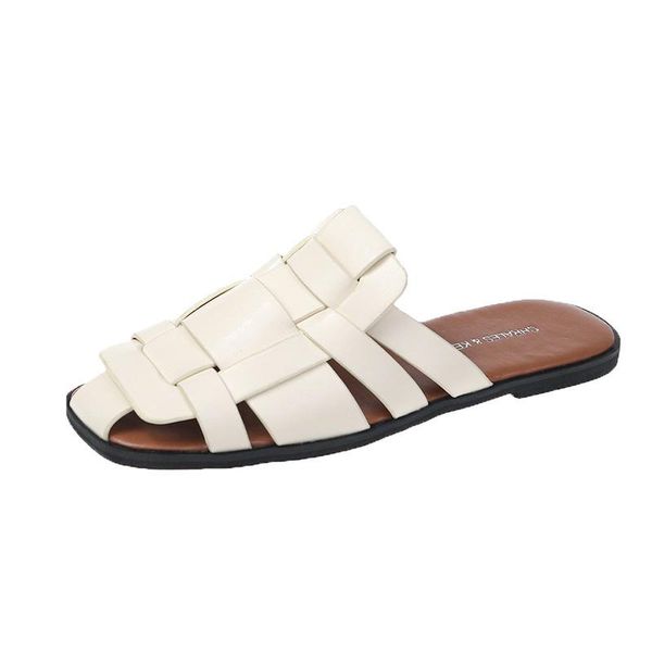 

sandals luxury designer slippers women shoes baotou square toe womens pu leather ladies summer slides flats, Black