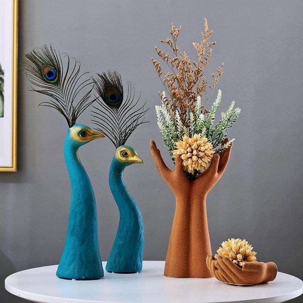 

vases european ceramic vase peacock hand statues ornaments decoration fengshui home livingroom table flowers pot figurines crafts gift