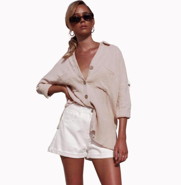 

european and american women's solid color buttons bf wind cotton linen shirt ladies, White
