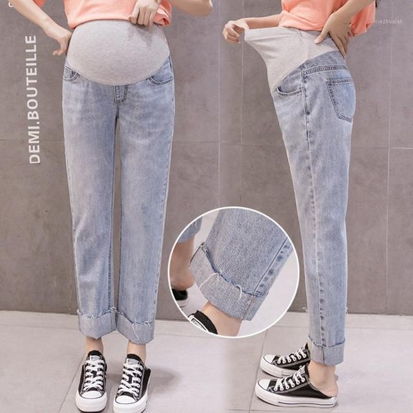 

maternity bottoms fashionable pregnant women jeans nine points old pants 2021 spring korean version of the straight leg loose wide leg1, White