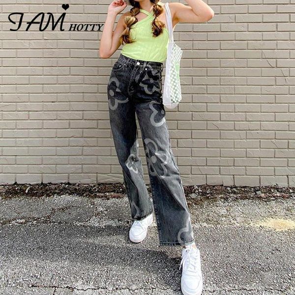 

women's jeans graffiti floral printed straight leg women y2k high waist baggy mom denim pants streetwear harajuku grey iamty, Blue