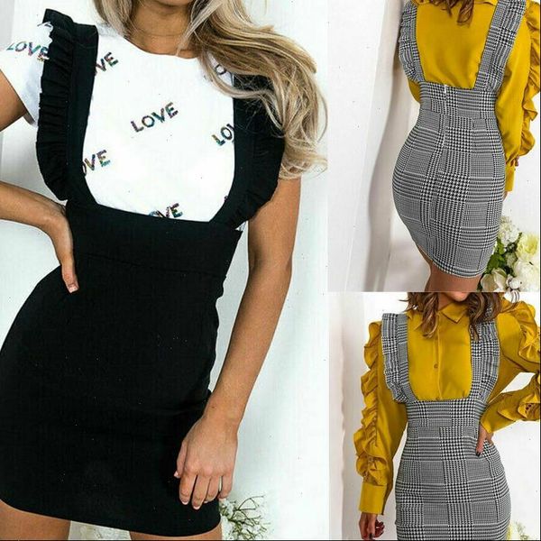 

women skirt bodycon shoulder straps overall summer ruffles lovely fashion suspender braces drop good quality, Black