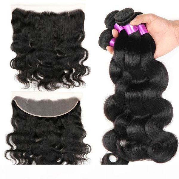 

body wave hair weaves brazilian virgin hair 3 bundles with lace frontal closure unprocessed wavy human hair extensions full frontals piece, Black