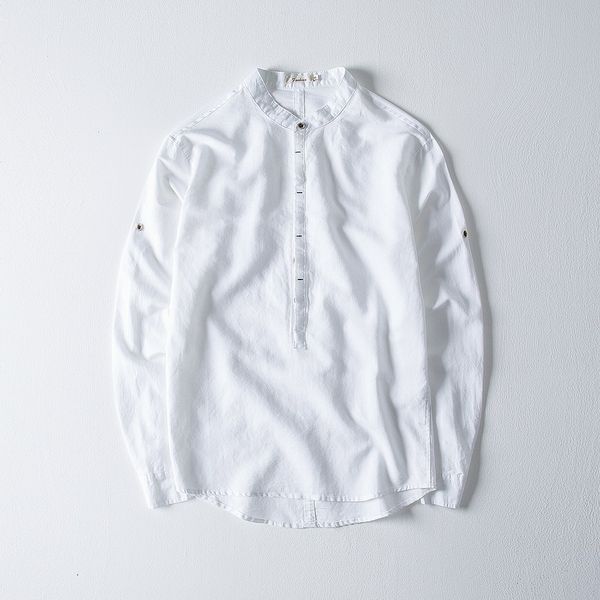 

2021 autumn new men's cotton and linen long-sleeved stand collar white solid mens shirt simple casual shirts male chemise ol6l