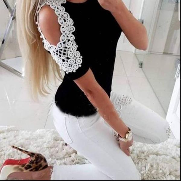 

womens clothing women ladies summer cut out lace short sleeves casual shirt basic blouse, White