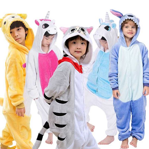 Kigurumi Unicornio Kinder Pyjamas Einhorn Overall Kinder Winter Homewear Jungen mit Kapuze Flanell Onesies Mädchen Panda Overall 211130