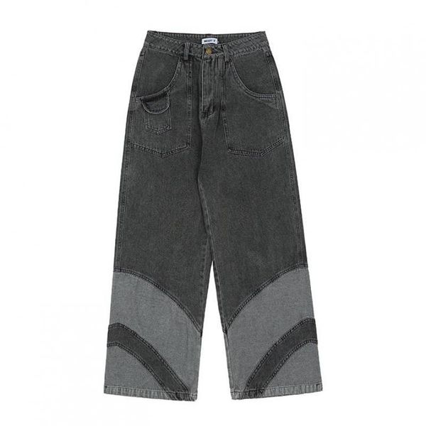 

men's jeans hip hop color contrast spliced frayed casual for men and women straight loose washed denim trousers oversize baggy pants, Blue
