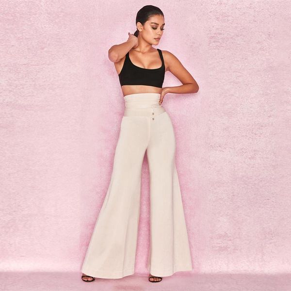

women's pants & capris 2021 style summer bandage fashion beige high waist trousers women wide leg casual womens clothing wholesale, Black;white