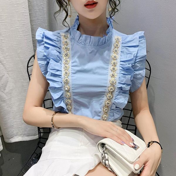 

women's blouses & shirts sweet white shirt 2021 summer diamond-studded ruffled korean fashion butterfly sleeve beaded women blouse blu
