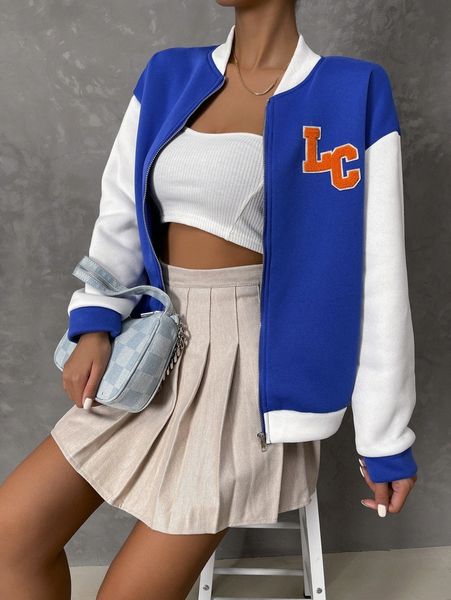 

letter patch detail drop shoulder two tone bomber jacket 70nu#, Black;brown