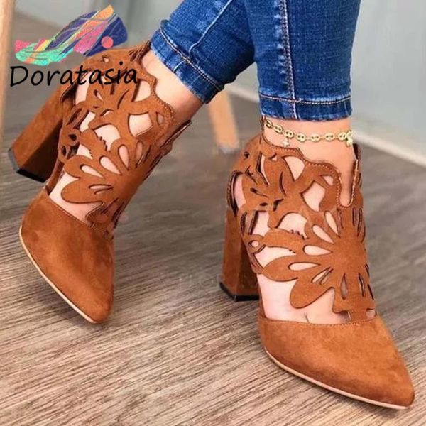 

sandals doratasia retro female pointed toe cover heel hollow brand wholesale women fashion classic shoes woman, Black