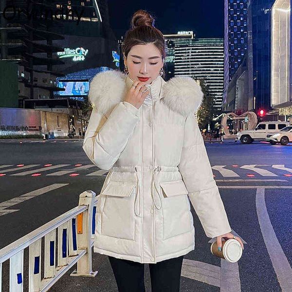 

orwindny women's winter jacket students solid hooded large fur parkas drawstring slim fashion warm coat female snow wear outwear 211130, Black