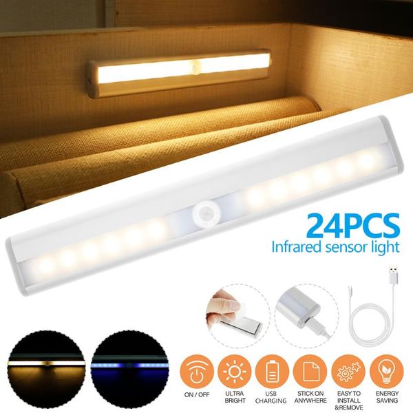 

24 leds pir led motion sensor light usb rechargeable cupboard wardrobe bed lamp led under cabinet night light for closet stairs
