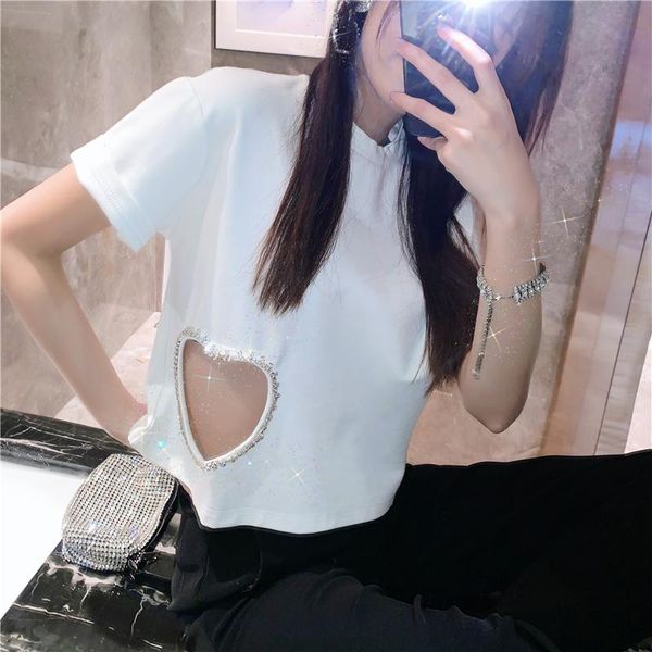 

women's t-shirt summer cotton, diamonds, tassels, hollow, loose, , t-shirts, 2021 ladies, fashion, short-sleeved pullovers, White