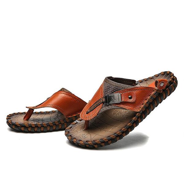 

slippers 2021 brand men's flip flops genuine leather luxury beach casual sandals summer for men fashion shoes big size 48, Black