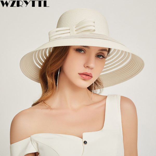 

2021 new style women summer beach bow knot accent ladies striped wide brim floppy sun kentucky derby paper straw hat 9gwq, Blue;gray